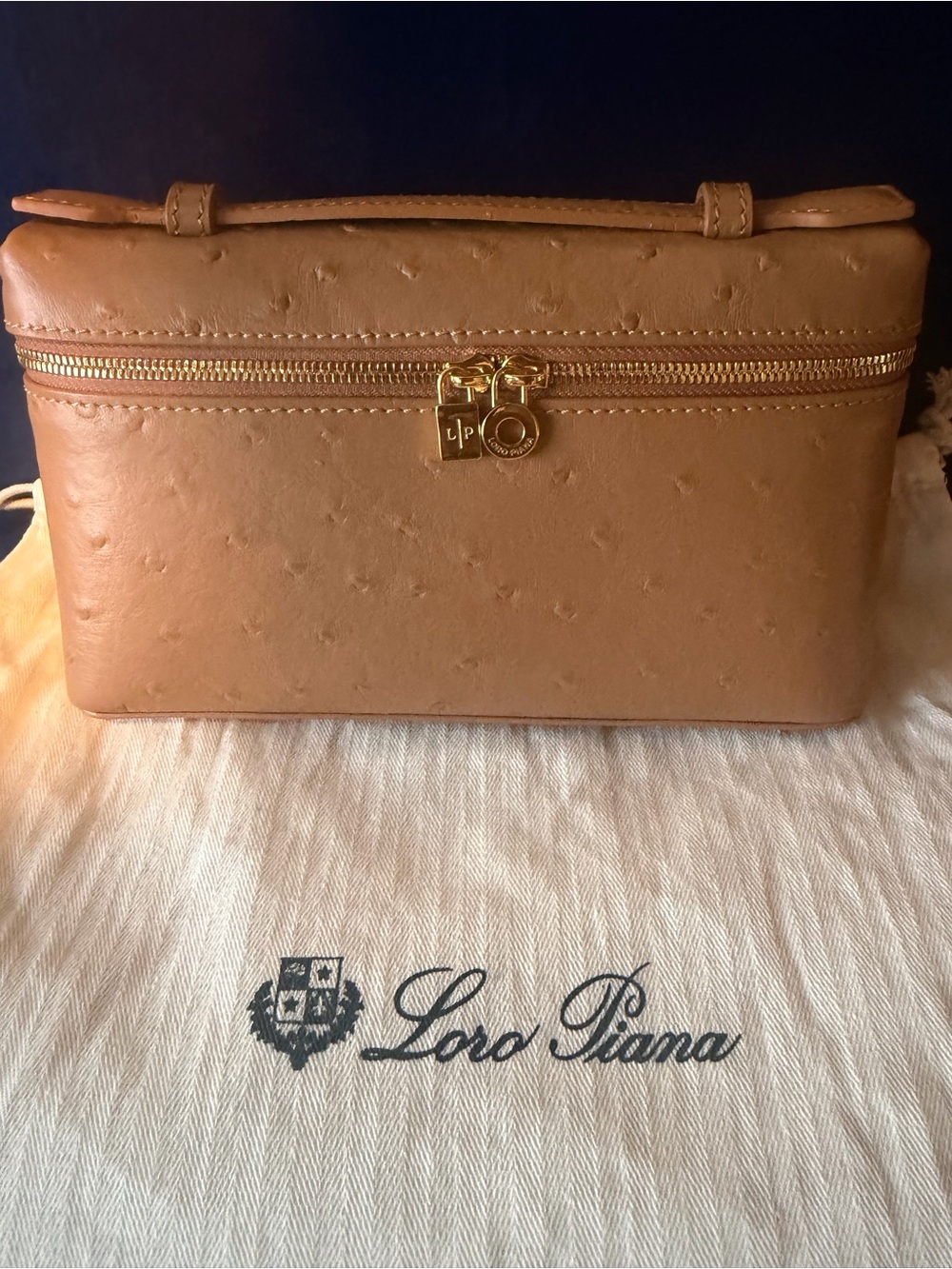 Loro Piana L19 Ostrich Leather Pouch Summer Charm bag in Camel Ewot